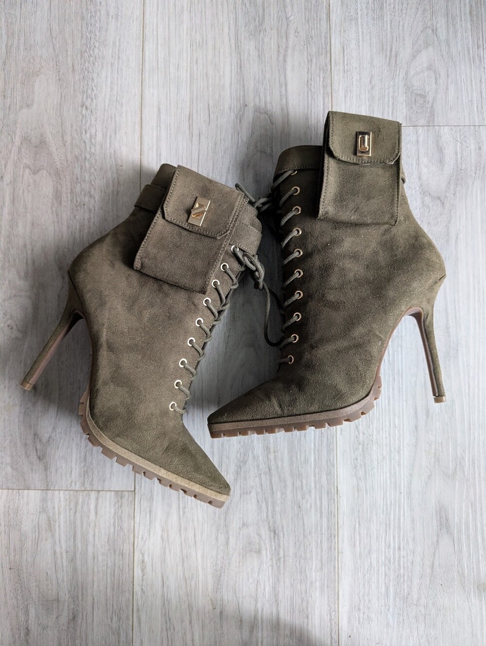 Jennifer Lopez JLO Olive Faux Suede Lace Up Stiletto Boots| New